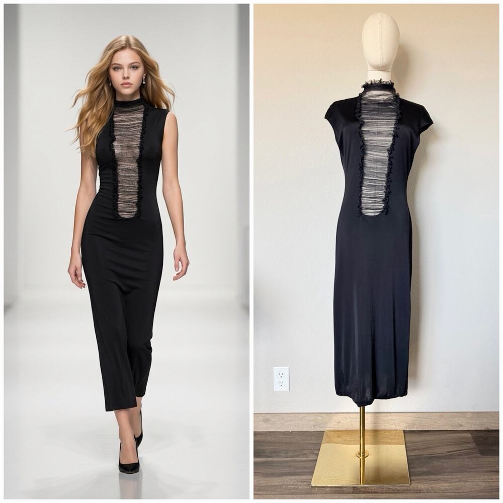 Y2K 90s Vintage Vera Wang Size 10 Black Rushed Mesh Midi Dress Silk Blend *READ